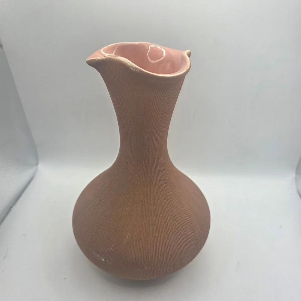 Vintage West Germany 963 Pottery Vase Pink Ribbed Wavy Rim Mid Century MCM